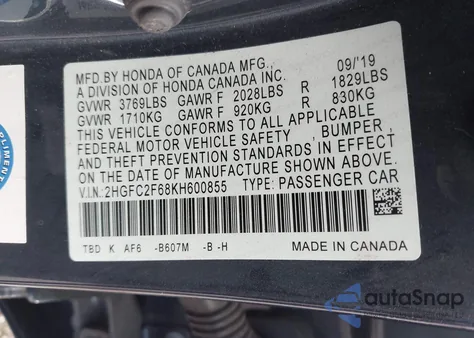 2019 Honda Civic Lx z USA, uszkodzony, nr VIN 2HGFC2F68KH600855